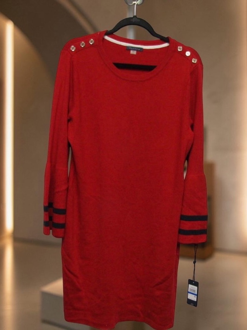 Tommy Hilfiger Red Sweater Dress XL NWT Gold Button Shoulder Long Sleeve Knit